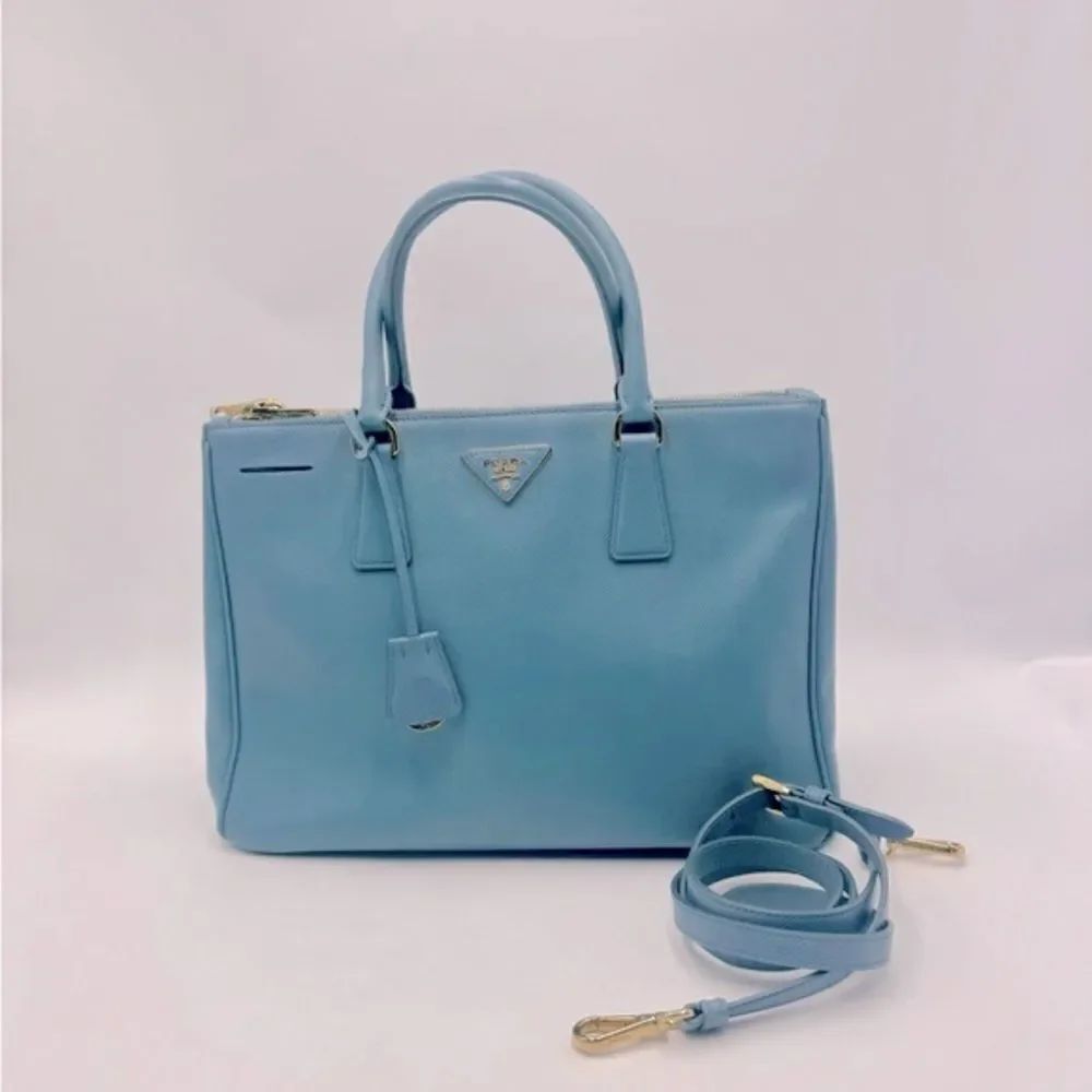 Auth Prada Double Zip Light Blue Saffiano Leather Lux Galleria Tote Bag Preloved